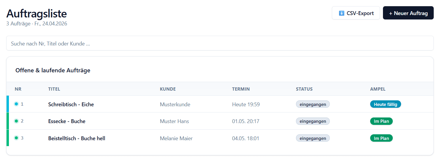 Auftragsliste im Dashboard — alle Aufträge mit Status, Ampel und Suche