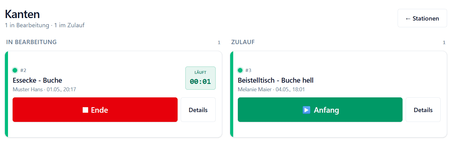 Stationsansicht Kanten mit Anfang/Ende-Buttons